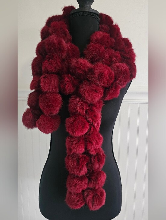 Accessories - Luxurious Deep Red Pom-Pom Fur Scarf - Women Accessories